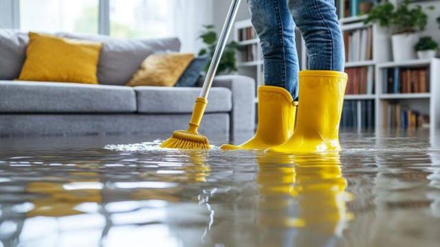 Person in yellow boots mopping floodwater in a living room