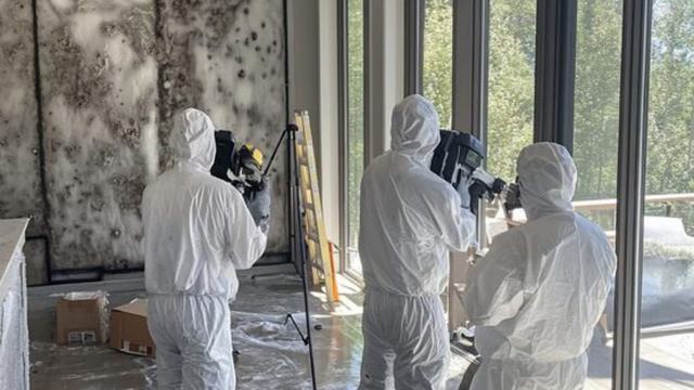 Remediation crew in protective suits working in a large room