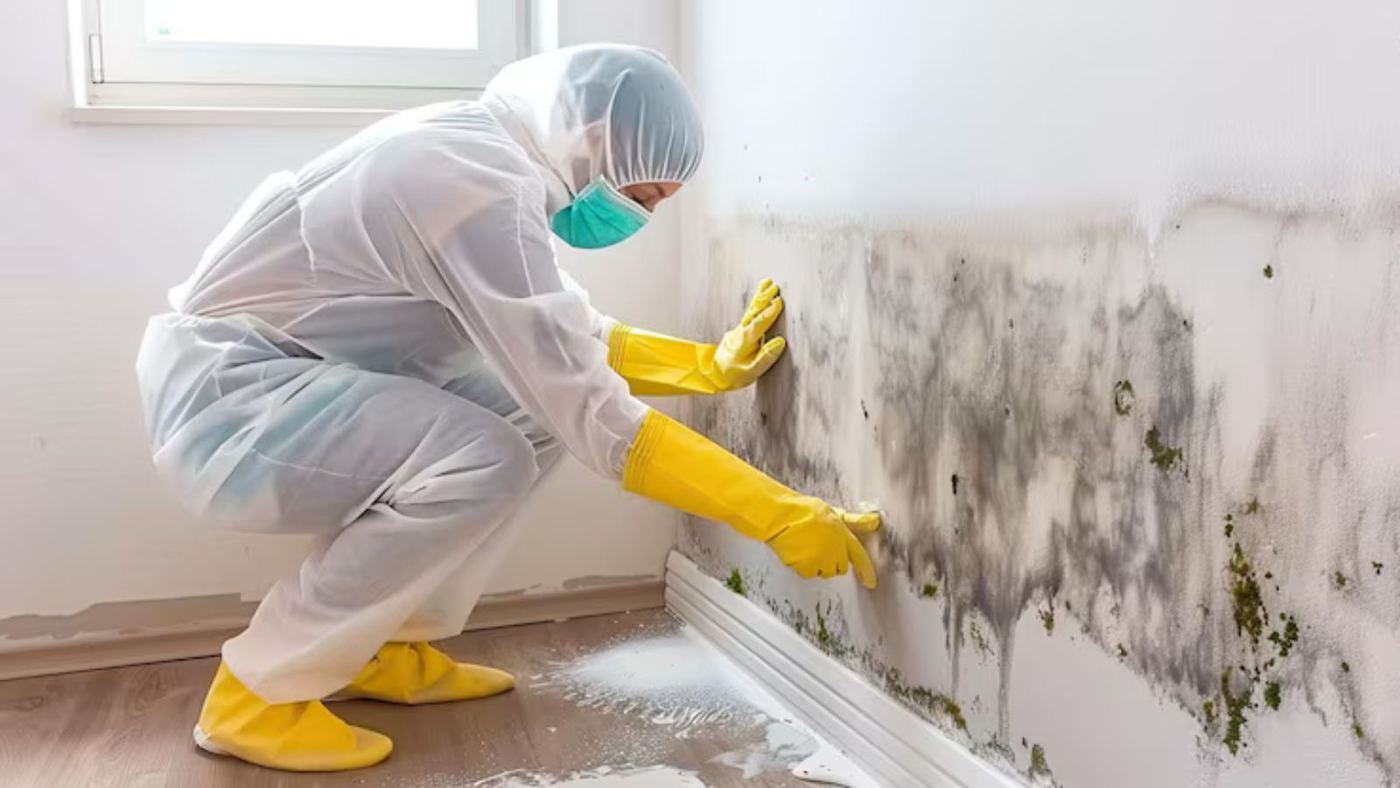 Worker in protective gear cleaning mold from a wall