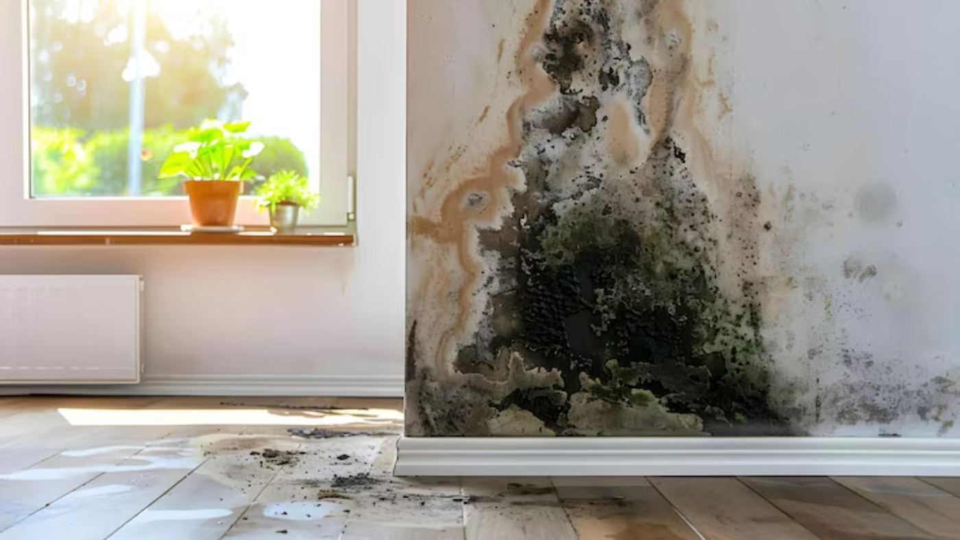 Mold growing up a wall corner beside a window