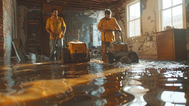 Cleanup crew in protective gear working in a wet room