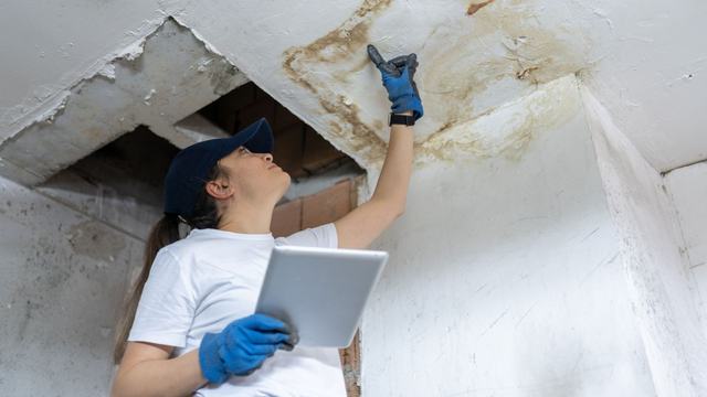 Inspector with a tablet examining a water-stained ceiling